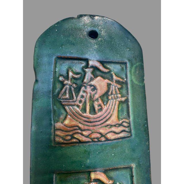 Wonderful antique Bucks County art pottery wall candle sconce, featuring a rich mottled green glaze and unusual nautical...