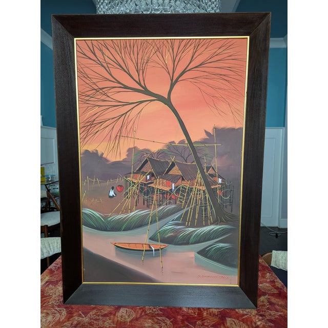 Asian 1967 Original Oil on Canvas Painting by Thai Modernist Sanong Sriboon Framed For Sale - Image 3 of 14