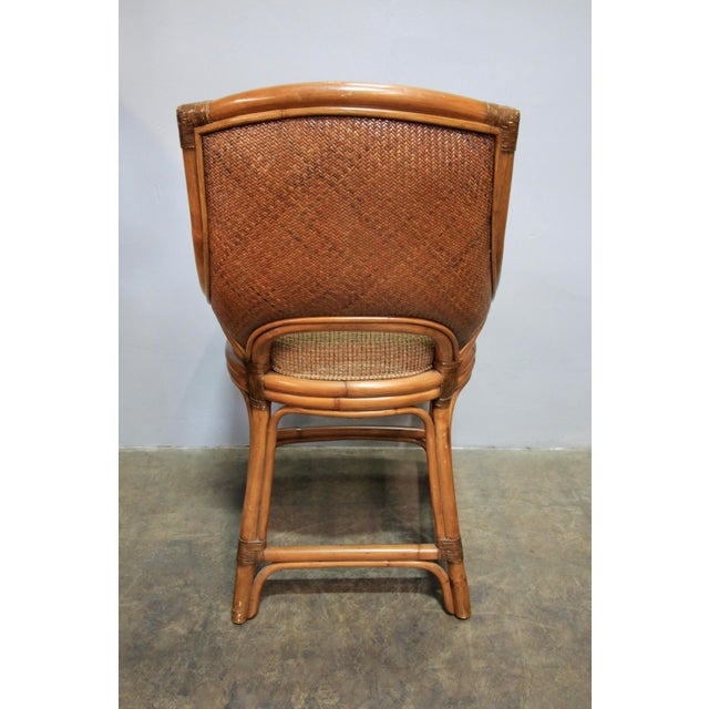 Pair Vintage Coastal Woven Rattan Stools With New Upholstered Cushions For Sale - Image 4 of 7