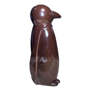 1980s Modern Brown Glazed Ceramic Penguin Sculpture, 13”h For Sale