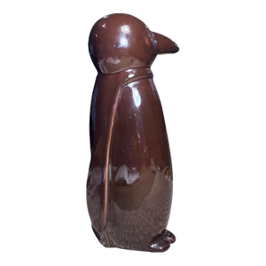 1980s Modern Brown Glazed Ceramic Penguin Sculpture, 13”h