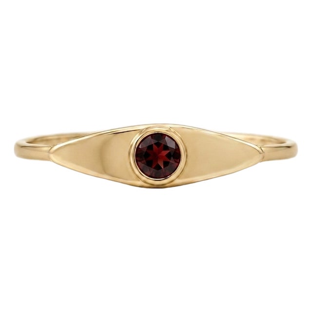 Red Garnet Evil Eye Signet Ring | 18k Yellow Gold Plated Band Ring | Classic January Birthstone Jewelry Gift Us 7 For Sale