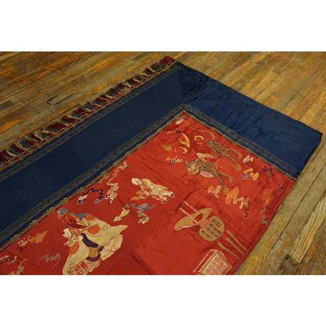 19th Century 1890s Red Scene Pictorial Qing Antique Chinese Pictorial Embroidery 3' 6'' X 11' 4'' Textile Silk Carpet Rug For Sale - Image 5 of 11