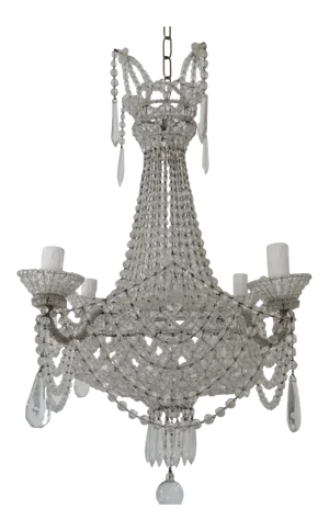 Italian Completely Beaded Basket Crystal Prisms Silver Chandelier, C 1940