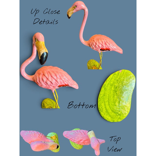 Paper Vintage Mexican Paper Mache Flamingos Pair-Tonala Folk Art-Figurines-Tropical For Sale - Image 7 of 11