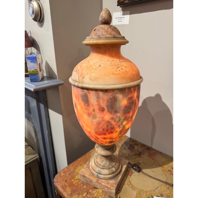 Italian Vintage Italian Carved Alabaster Urn Lamp With Hand Etched Floral Design For Sale - Image 3 of 9
