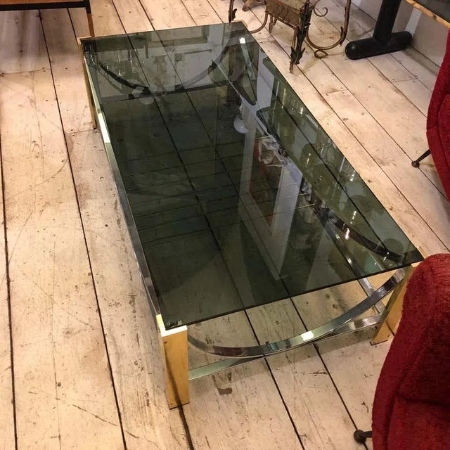 1970s Italian Mid-Century Modern Brass, Steel and Smoked Glass Coffee Table For Sale - Image 10 of 12