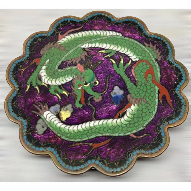 1870 Japanese Cloisonné Meiji Period Green Scrolling Dragon Scalloped Edge Dish For Sale - Image 10 of 13