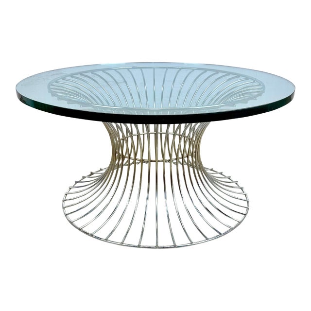 Mid Century Modern Knoll / Warren Platner Style Chrome Wire & Glass Round Coffee Table For Sale