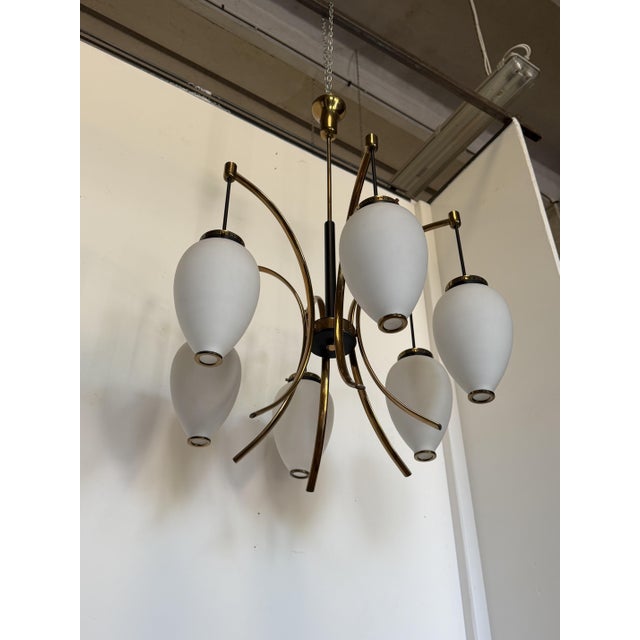 Six-Light Chandelier with White Opaline Diffusers by Bruno Gatta for Stilnovo, 1950 For Sale - Image 10 of 12