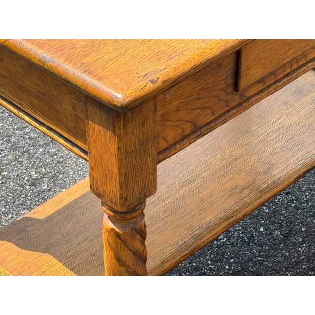 19th C. Tiger Oak One-Drawer Library Table - Twist Legs + Highly Detailed For Sale - Image 15 of 17