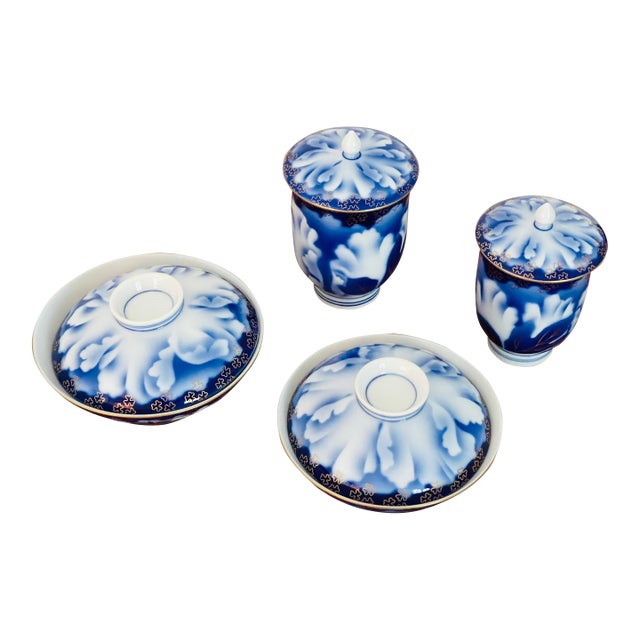 Vintage Japanese Fine Porcelain Cobalt Blue Tea Set- 4 Pieces For Sale