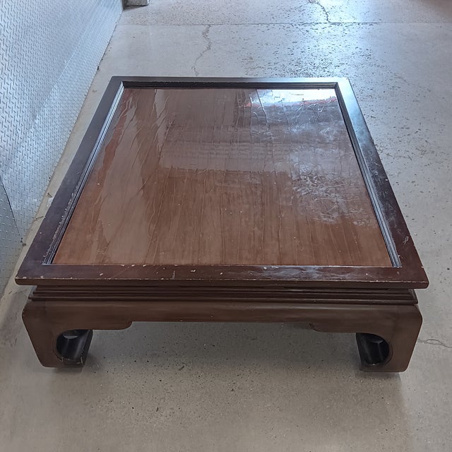 Vintage Low Chinese Ming Dynasty Kang Solid Wood Coffee Table With Clear Lacquer Recessed Top For Sale - Image 13 of 17