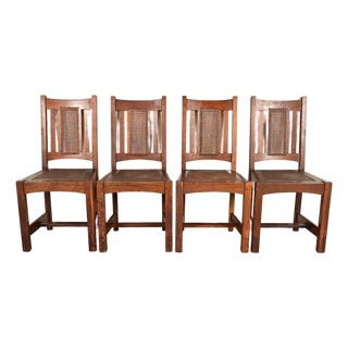 Lifetime Furniture Antique Mission Oak and Cane Arts & Crafts Dining Chairs, Set of Four For Sale