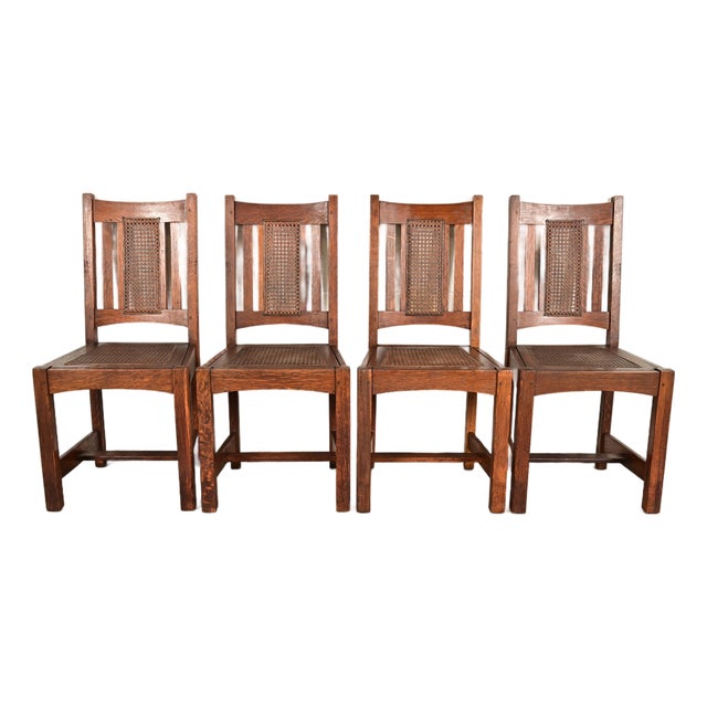 Lifetime Furniture Antique Mission Oak and Cane Arts & Crafts Dining Chairs, Set of Four For Sale
