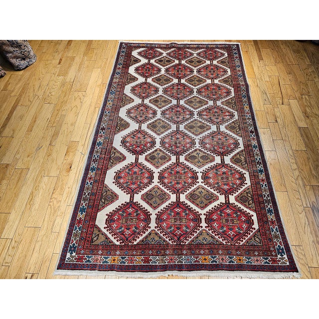 Vintage Persian Malayer Gallery Rug, Hand-Knotted Wool, Geometric Pattern, 7x13, Ivory & Red For Sale In Chicago - Image 6 of 14