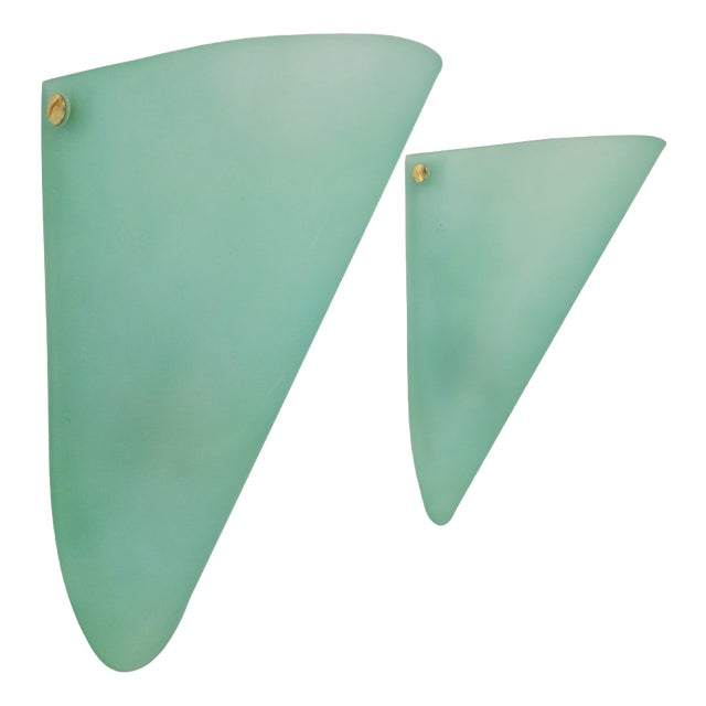 Vintage Triangular Conical Wall Sconces in Green Frosted Glass, 1990s, Set of 2 For Sale