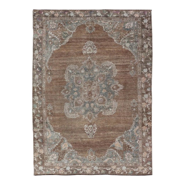 Mid 20th Century Vintage Turkish Kars Rug With Floral Medallion in Camel Tan Taupe and Grey For Sale