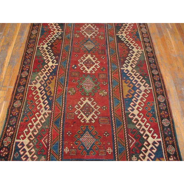 Traditional 1870s Red Diamond Zig Zag Antique Caucasian Bordjalou Kazak Rug 4'3" X 7'5" Handknotted Wool Carpet For Sale - Image 3 of 8