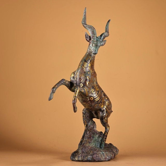 Bronze Leaping Antelope Sculpture, Intricate Gold Inlaid Scroll Patterns, Archaic Chinoiserie Statue For Sale - Image 4 of 10