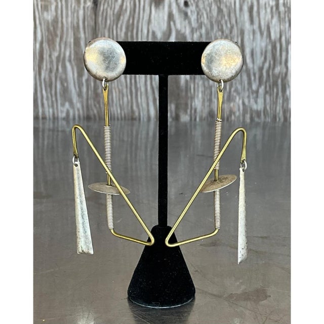 Silver Vintage Abstract Mixed Metal Dangle Earrings For Sale - Image 8 of 12