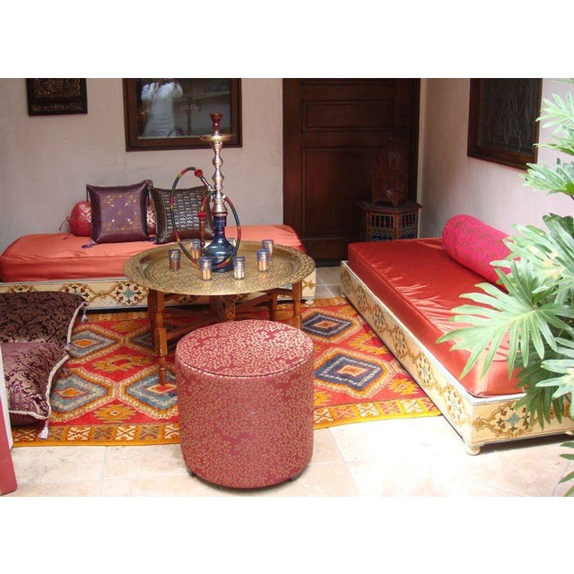 Moroccan Upholstered Red and Gold Fabric Pouf Low Stool Ottoman For Sale - Image 4 of 4