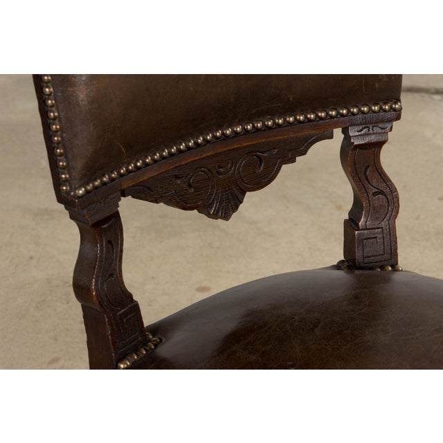 Antique French Louis XV Style Oak Dining Chairs W/ Brown Leather - Set of 8 For Sale - Image 9 of 18