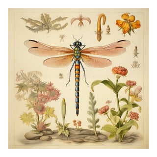 'Dragonfly and Flowers' - Original Watercolor Botanical Fine Art Print For Sale