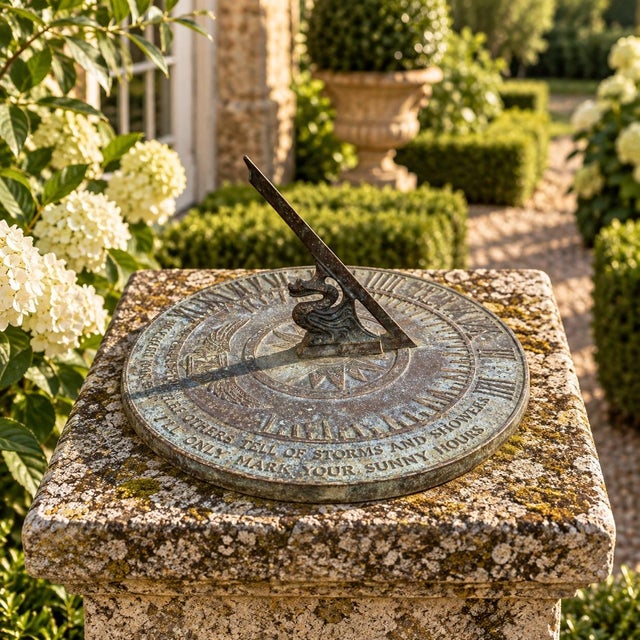 A classic vintage iron garden sundial inspired by traditional English estate landscapes reading, "Let others tell of...