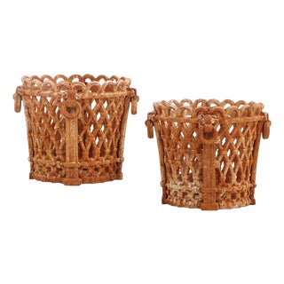 Mid 20th Century Pair of Regency Style Cast Iron Planters With Ring Handles. For Sale