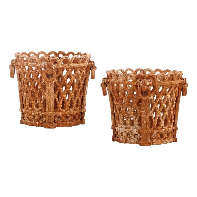 Mid 20th Century Pair of Regency Style Cast Iron Planters With Ring Handles. For Sale