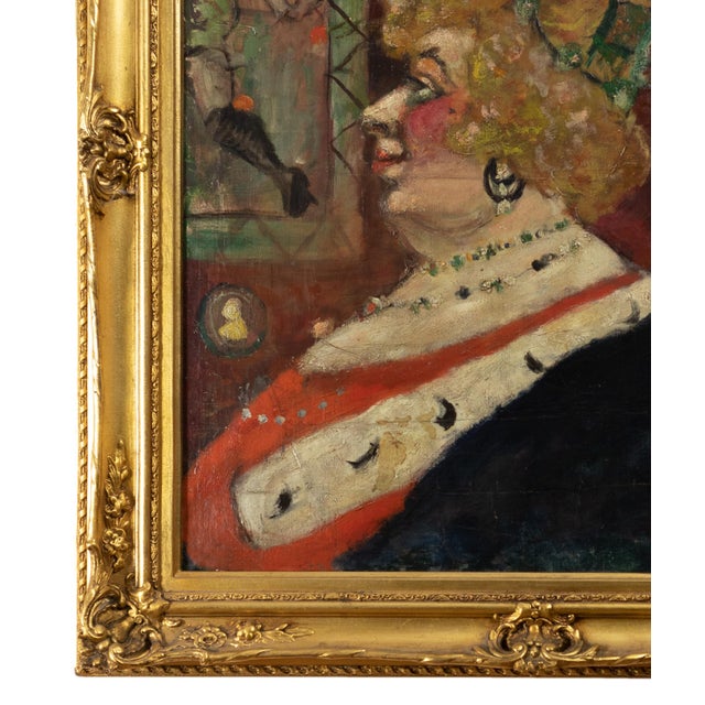 A late 19th-century Belle Époque oil painting portraying a richly adorned woman in profile, set against a detailed...