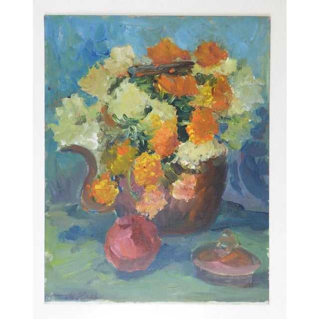 English Vintage Mid Century Orange & White Floral Still Life Painting For Sale - Image 3 of 4