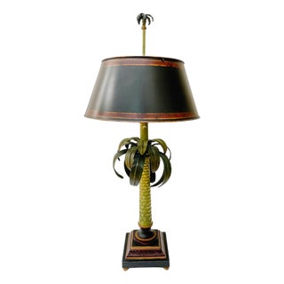 1980s Large Tole Palm Tree Table Lamp With Original Tole Shade by Decorative Crafts For Sale