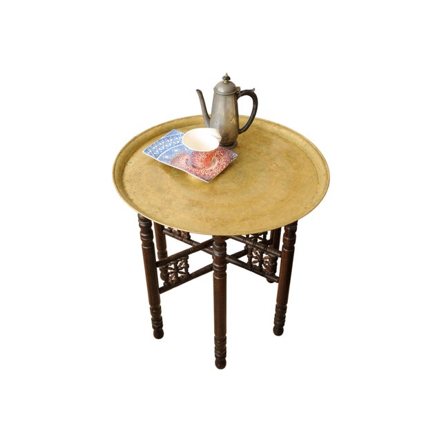 Middle Eastern Folding Tea Table with Removable Brass Circular Tray in the style of Liberty of London, 1890s, Set of 2 For Sale - Image 5 of 10