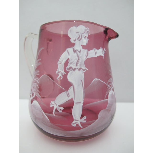 Glass Mary Gregory Czech Red Glass Enamel Figural Painted Creamer Pitcher & Sugar Bowl For Sale - Image 7 of 16