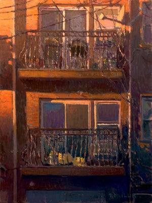 Anoop's Place by Raymond Bonilla | Oil on Panel Painting of a balcony with windows