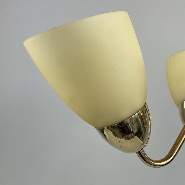 Brass & Opaline Glass 3-Arm Chandelier attributed to Hans Bergström for Asea, Sweden, 1950s For Sale - Image 9 of 17
