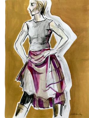 Contemporary Figurative Fashion Sketch Mixed-Media Drawing