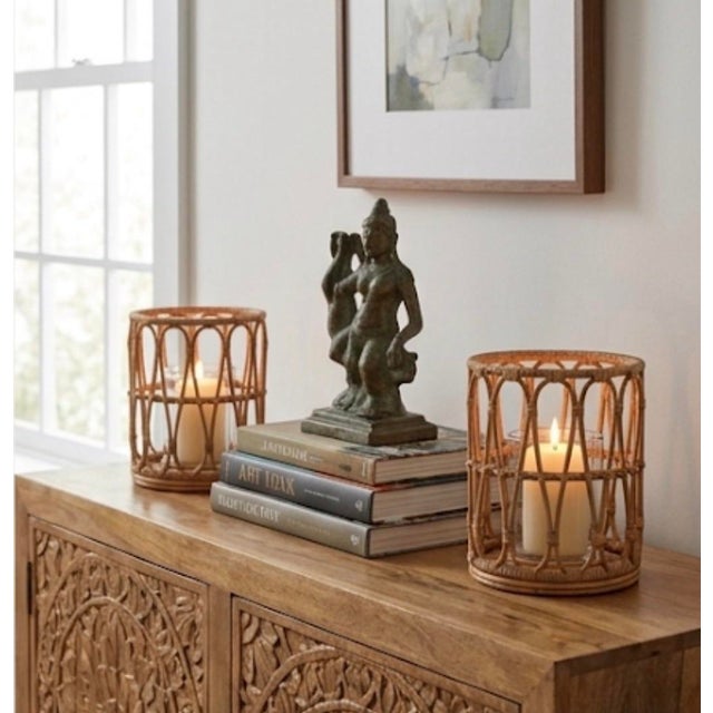 Pair of Vintage Mid-Century Boho Woven Rattan & Glass Hurricane Candle Holders For Sale In West Palm - Image 6 of 12
