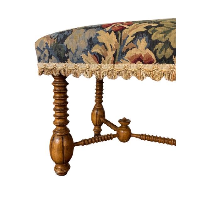 Vintage Jacobean Tapestry Hall Bench With Turned Wood Legs, Scalloped Fringe & Upholstered Floral Seat For Sale - Image 11 of 12
