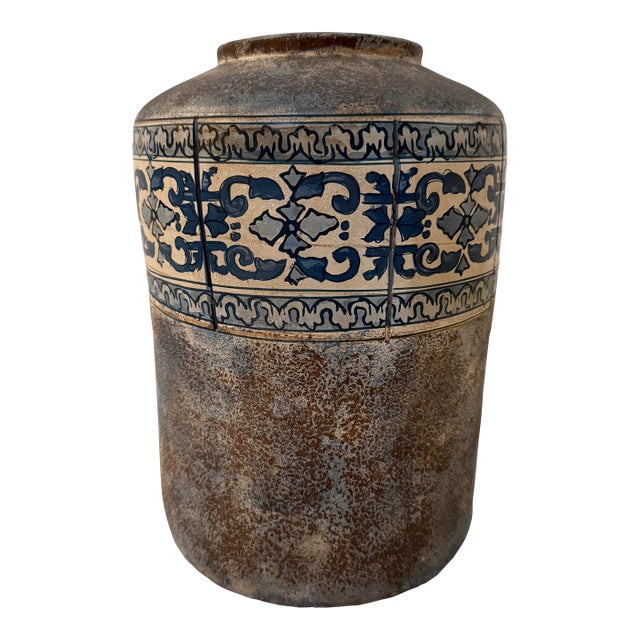Vintage Mediterranean Ceramic Vessel, Blue and White Decorative Band For Sale