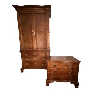 1970s Henredon Mahogany Burlwood Aston Court Suite - Armoire and Nightstand For Sale