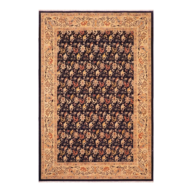 Shabby Chic Ziegler Blue Beige Hand-Knotted Wool Rug - 6'3'' X 9'0'' For Sale