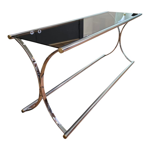 1970s Attributed to Maison Jansen Chrome Smoked Glass Console Table For Sale