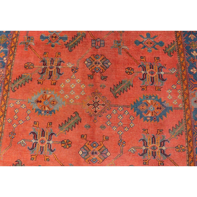 Early 20th Century Antique Turkish Oushak Colorful Rug With All-Over Design in Salmon and Blue's 7'9"x12'4" For Sale - Image 5 of 11