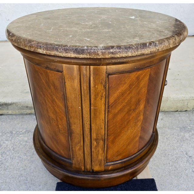 Vintage Round Brown Marble Top Drum Side End Center Table With Storage Cabinet For Sale - Image 13 of 13