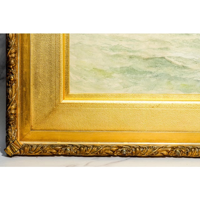 Lovely Large Gold Gilt Frame Antique Victorian Maritime Watercolor Painting Fishing Sailboat Ocean Wall Home Decor Nautical Art For Sale - Image 17 of 18
