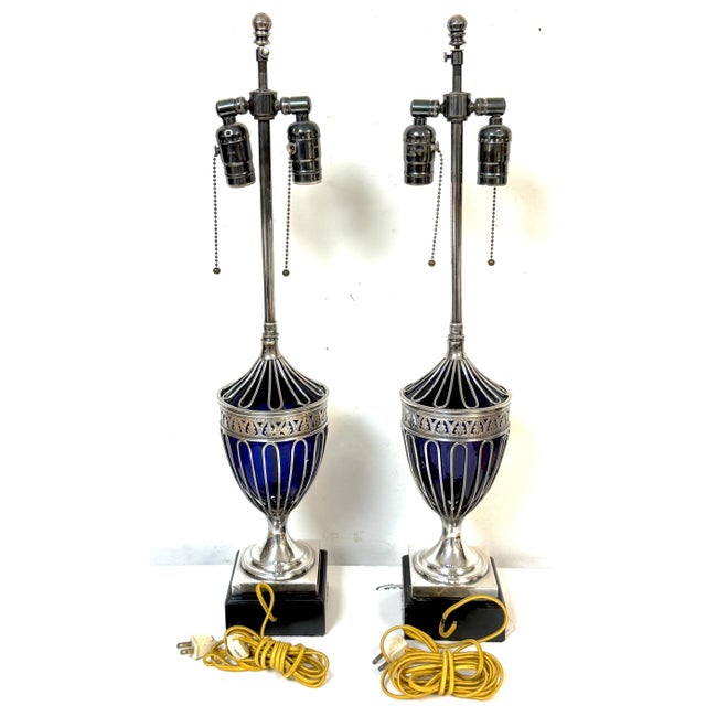 Pair Antique Sheffield Plate & Cobalt Glass Anthemion Motif Urns, Now as Lamps For Sale - Image 4 of 12