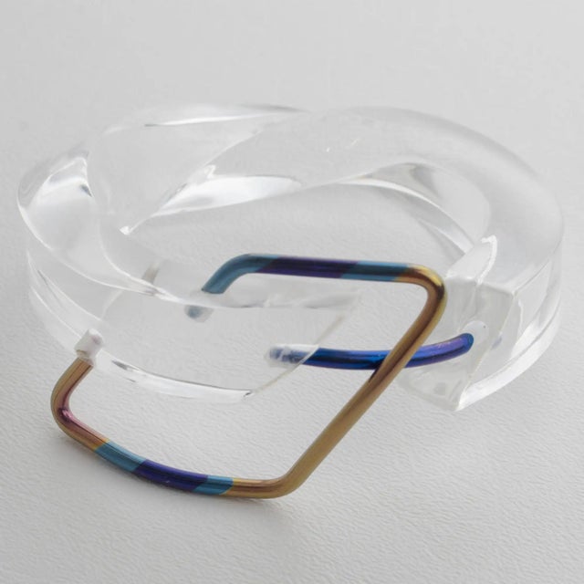 Transparent Transparent Lucite Plexiglass Bangle Bracelet with Anodized Aluminum Belt Buckle For Sale - Image 8 of 15
